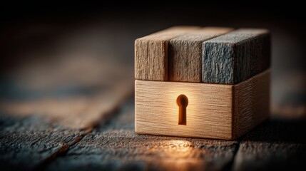 Poster - Captivating visual of a wooden block featuring a key representing blockchain-secured ownership and digital share concept