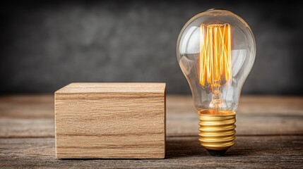 Poster - Illuminated light bulb on wooden block symbolizing cloud led innovation hub icon concept for remote enterprise growth
