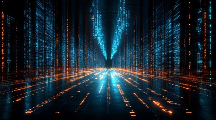 Aufkleber - Digital Cityscape: A futuristic city skyline glows with digital data streams, representing the technological progress in the modern age.