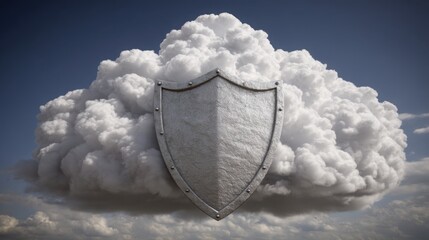 Poster - Conceptual illustration of a shield on a cloud representing security and risk management in cloud technology