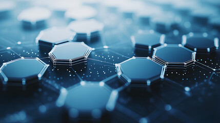 Poster - abstract blue hexagonal shapes with dotted patterns on a clean white background, geometric layout, d