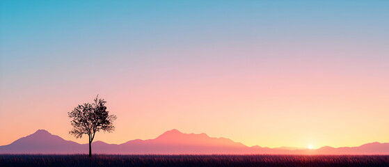 Poster - Peaceful Sunset Landscape With Silhouetted Tree And Mountains