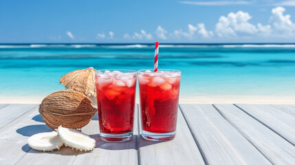 Wall Mural - Refreshing summer drinks on beach table, featuring two glasses of red beverage with ice, coconut halves, and straw, set against stunning ocean backdrop
