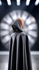 Poster - A lone figure in a dark hooded cloak standing before an enormous glowing sigil, arcane energy pulsating, dramatic lighting, fantasy mystery, intricate magical runes, atmospheric, high-detail,