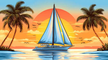 Wall Mural - serene sunset scene featuring sailboat gliding across calm waters, framed by palm trees. vibrant colors of sky create tranquil atmosphere, evoking feelings of relaxation and adventure