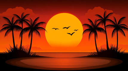 Wall Mural - sunset scene featuring large sun setting over calm body of water, surrounded by silhouettes of palm trees and birds flying in sky. warm colors evoke sense of tranquility and beauty