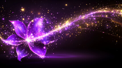 Wall Mural - purple flower glows with sparkling lights against dark background, creating magical and enchanting a