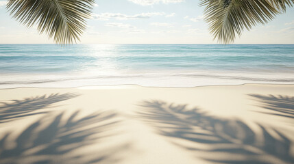 Wall Mural - serene beach scene featuring gentle waves lapping at shore, with palm leaves casting shadows on soft sand. tranquil atmosphere evokes sense of relaxation and peace