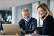 © Centric  - Two happy mature business people using laptop computer while working on new project together in modern office