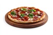 © Baser - Close-up view of a delicious topped pizza on a wooden plate.