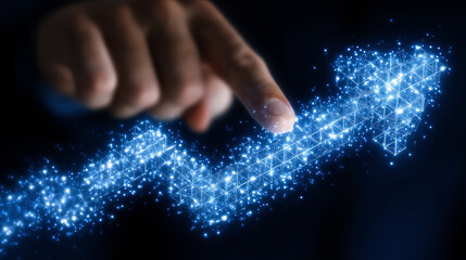 Poster - A hand touches a glowing digital arrow made of interconnected points, symbolizing growth and technological progress.