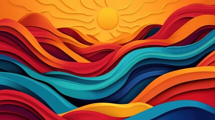 Poster - Layered Paper Cut Landscape with Warm Colors and a Sun Illustration