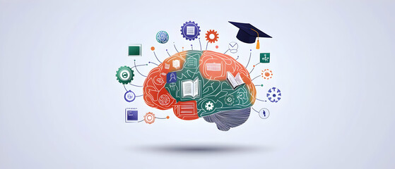 Poster - Abstract Colorful Brain Graphic Design With Education Icons