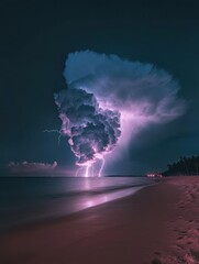 Wall Mural - Dramatic lightning storm over ocean at night from beach perspective; striking display of nature's power and beauty