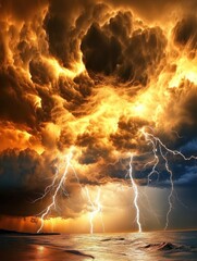 Wall Mural - Dramatic Lightning Strikes Ocean During Golden Hour Storm Front Powerful Nature Scene Eye Level View