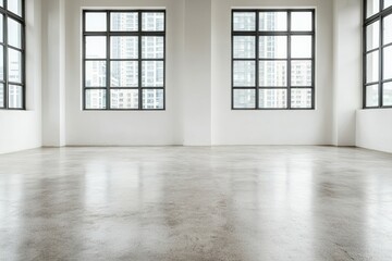 Fototapete - Modern empty room with polished concrete floor and large windows showing city view