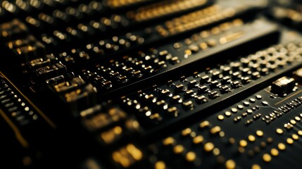 Fototapete - Close-Up of Black and Gold Processing Chips in Supercomputer Design