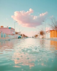 Aufkleber - Climate Crisis Visualized Pastel-Toned Urban Flooding Landscape Revealing Infrastructural Vulnerability and Extreme Weather Impact in High-Resolution Documentary Style