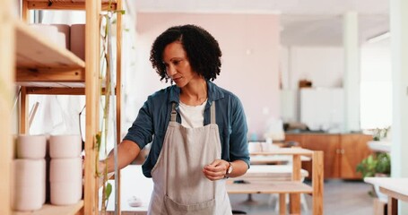 Poster - Woman, workshop and planning with ceramic, inventory and product manufacturing inspection. Pottery manager thinking with clay pot, stock and designer in small business, studio and retail production