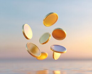 Poster - Floating Digital Currency Ethereal Metallic Crypto Coins in Dynamic Suspension - Next-Gen Financial Innovation Visualizing Blockchain Wealth Potential