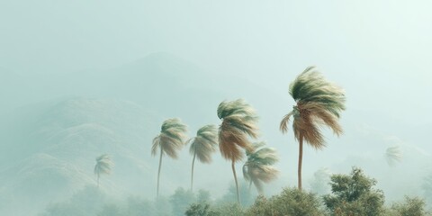 Poster - Climate Crisis Visualization Extreme Weather Palm Trees in Ethereal Mist - Powerful Environmental Documentary Imagery for Sustainable Storytelling