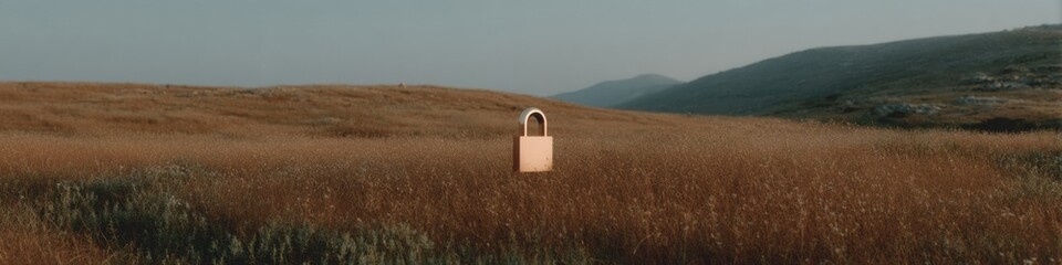 Leinwandbilder - Minimalist Cybersecurity Landscape Digital Protection Metaphor with Padlock Icon in Expansive Natural Terrain - Innovative Data Security Visualization