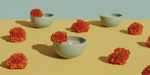 Poster - Minimalist Meditative Ritual Soft Sage Ceramics with Vibrant Marigold Blooms and Candlelight - Contemporary Wellness Styling for Mindful Digital Platforms