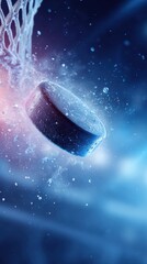 Poster - Cinematic Ice Hockey Power Moment High-Velocity Puck Explosion in 8K Ultra-Dynamic Sports Action - Next-Gen Athletic Performance Visualization