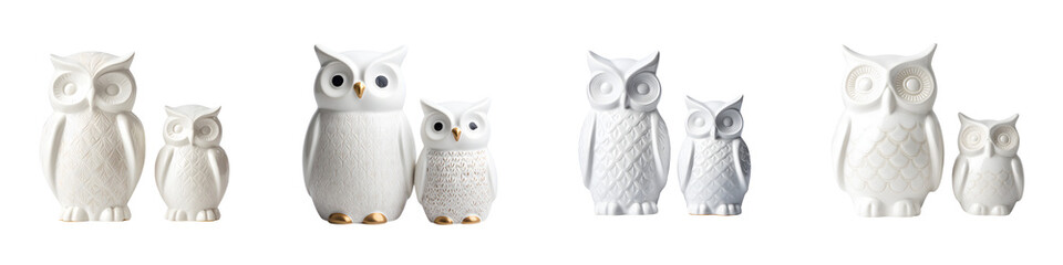 Naklejka na meble Charming white owl figurines in various sizes, showcasing intricate details and textures, ideal for home decor, gifts, and collectors, emphasizing elegance and style