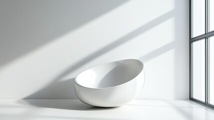 Poster - Minimalist interior featuring a white bowl chair and soft sunlight shadows