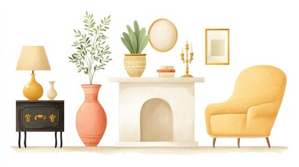 Poster - A classic vintage living room with a central fireplace, antique furniture, and warm tones