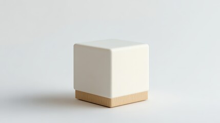 Poster - Minimalist Ivory Cube with Wood Base on Pure White Background Surface