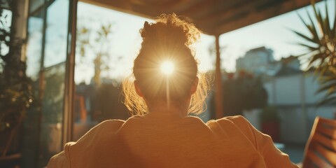 Poster - Golden Hour Productivity Millennial Remote Worker Embracing Natural Light, Digital Nomad Lifestyle and Mindful Work-Life Integration in Contemporary Urban Space