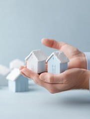 Poster - Mindful Real Estate Minimalist Hand Cradling Sustainable Architectural Models in Soft Blue - Empowering Future Homeownership Vision