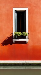 Poster - Urban Minimalist Greenery Vibrant Terracotta Wall with Modern Window Planter - Sustainable Design Aesthetic Capturing Architectural Wellness Trends
