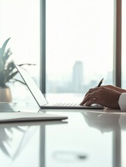 Aufkleber - Minimalist Digital Workspace Ergonomic Remote Work Aesthetic with Sleek Laptop and Urban Skyline - Empowering Professional Productivity in Contemporary Business Environments