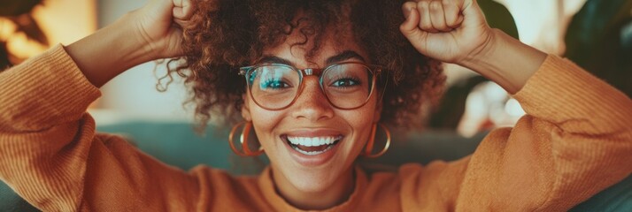 Poster - Vibrant Digital Nomad Success Empowered Gen Z Entrepreneur Celebrating Virtual Triumph in Cozy Home Office with Retro-Modern Aesthetic