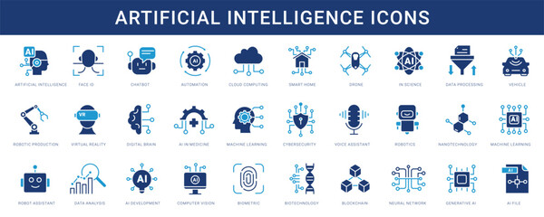 Poster - Artificial intelligence icon set. Containing machine learning, data science, AI, virtual assistant, generative AI, technology, Turing test and more. Solid vector icons collection.
