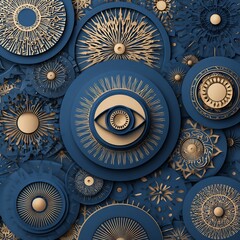 Poster - Intricate celestial orbs and mystical eye design in opulent blue and gold hues