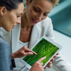 Leinwandbilder - Collaborative Digital Insights Millennial Women in Tech-Driven Sustainable Business Strategy, Exploring Green Innovation through Intuitive Tablet Visualization