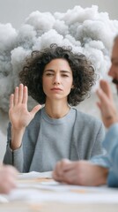 Poster - Mindful Mediation Gen Z Professional Navigates Workplace Conflict with Emotional Intelligence, Symbolic Cloud Metaphor for Mental Clarity and Strategic Communication