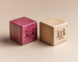 Poster - Minimalist Labor Rights Visualization Wooden Justice Cubes Symbolizing Workplace Equity, Balanced Employment Law, and Ethical Corporate Governance