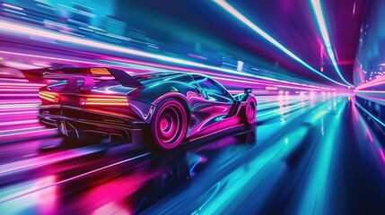 Fototapete - dynamic action shot of a futuristic sports car racing down a neon-lit highway, motion blur