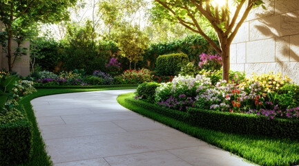 Poster - Lush green courtyard garden with vibrant flowers, sunlight, stone path, and manicured hedges
