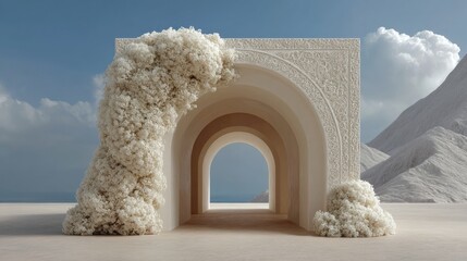 Poster - Ethereal Architectural Minimalism Sculptural Coral-Inspired Arch With Organic Textural Forms - Immersive Design Concept for Experiential Branding and Spatial Innovation