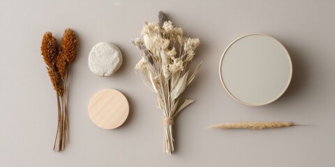 Aufkleber - Minimalist Wellness Flatlay Organic Dried Botanicals and Neutral Tone Cosmetic Containers - Holistic Self-Care Branding for Mindful Lifestyle Entrepreneurs