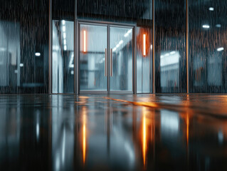 Poster - Closed double glass doors with metal handles, modern building entrance, night rain, wet reflective surface