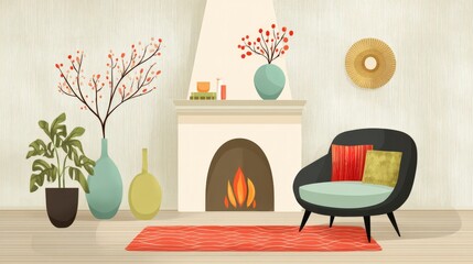 Poster - Interior of a vintage-style home with a lit fireplace, cozy rugs, and muted tones, isolated for clean presentation.