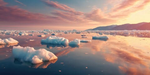 Aufkleber - Ethereal Climate Crisis Luminous Arctic Fjord Sunset Revealing Melting Icebergs - Immersive Environmental Documentary Landscape for Global Awareness