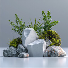 Poster - White rock, green plant, clean surface, modern style, natural arrangement, minimalistic, peaceful